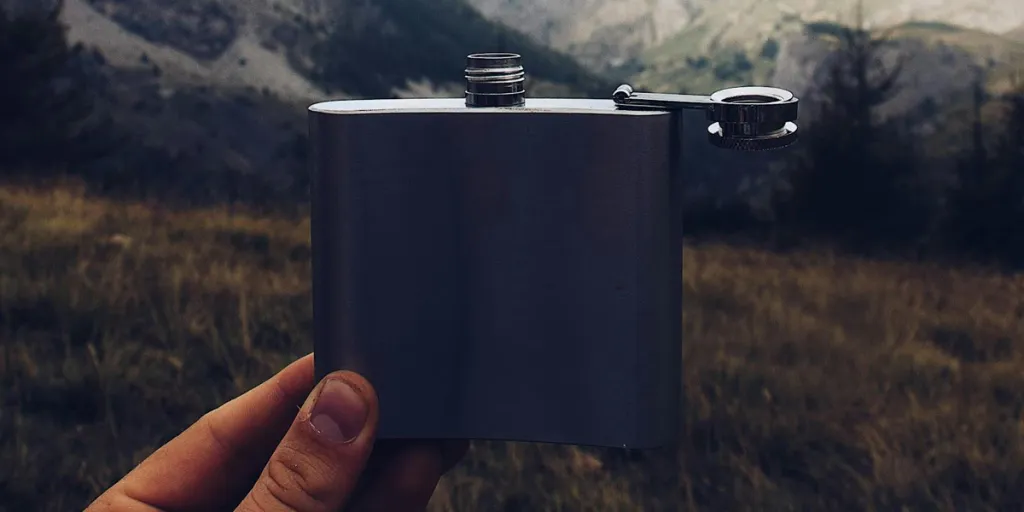 Person holding a hip flask in a valley