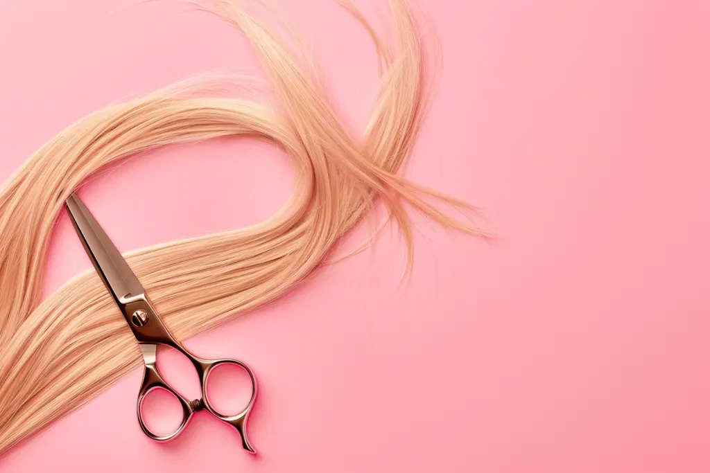 Photo of a pair of scissors and long blonde hair