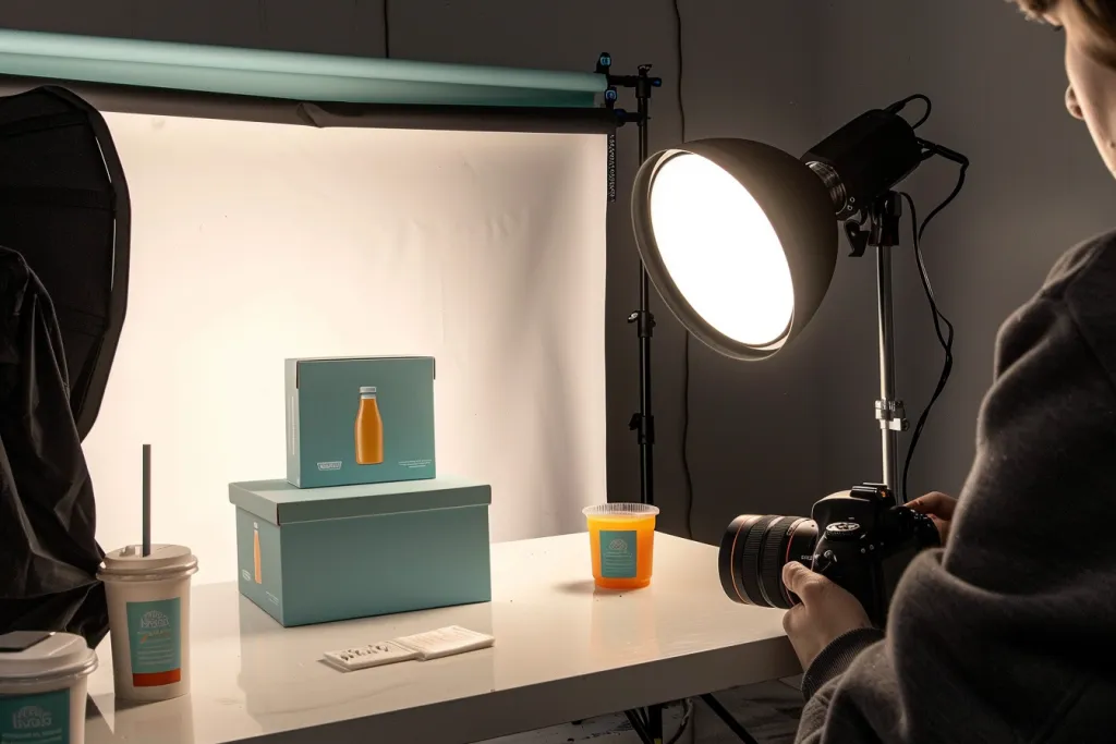 Fotografía de una persona tomando fotografías de productos con iluminación de estudio y una mesa blanca.