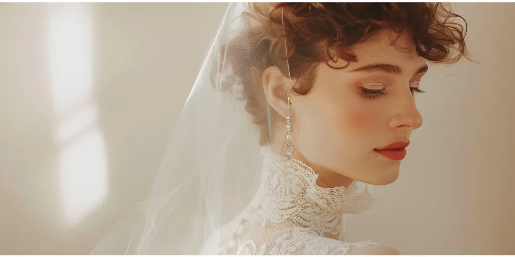 Photograph of a beautiful bride with short curly hair wearing a veil