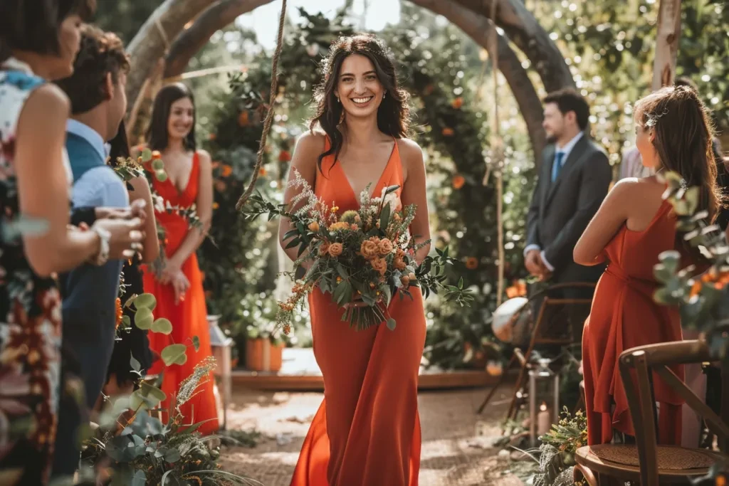 Fotografía de una bella mujer morena feliz con un vestido naranja