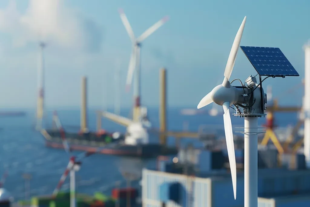 Foto einer kleinen Windturbine mit einem Solarpanel oben drauf