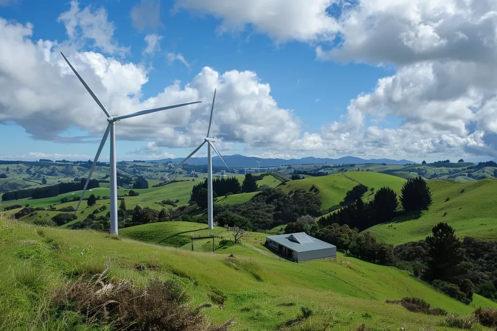 Photograph of two wind turbines standing