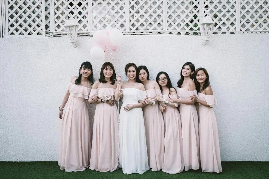Pink ruffle off shoulder bridesmaid dresses