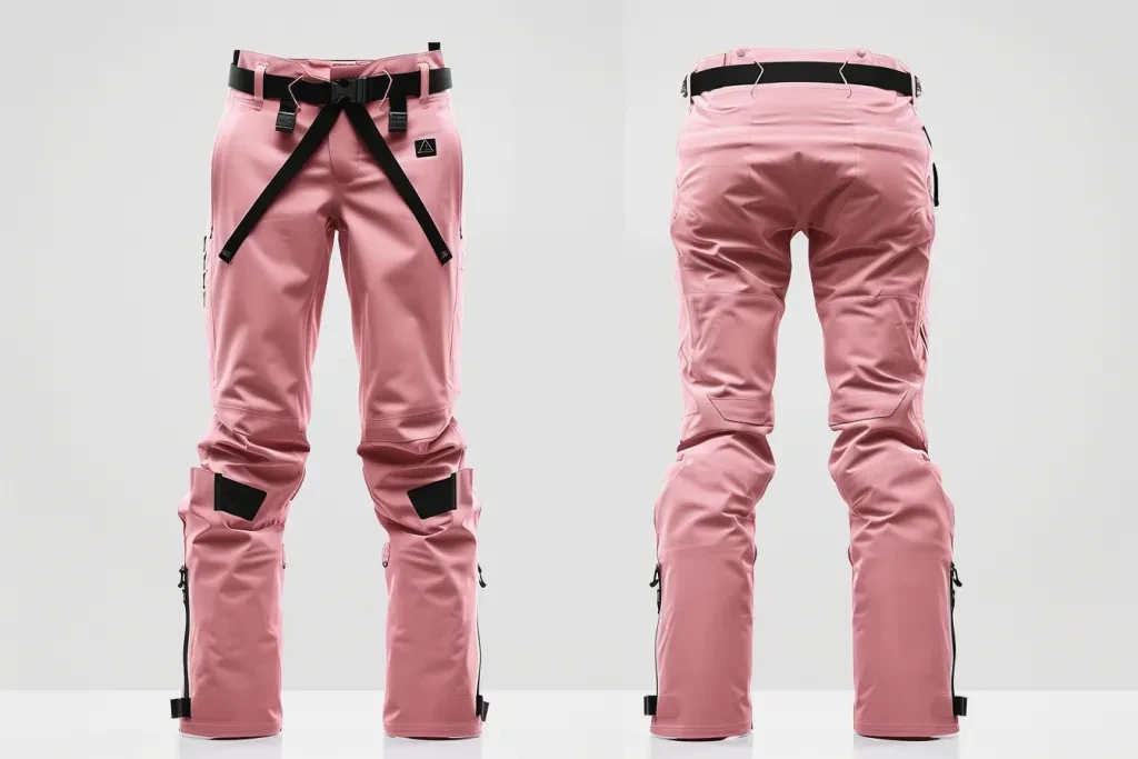 Product photography of pink ski pants for women