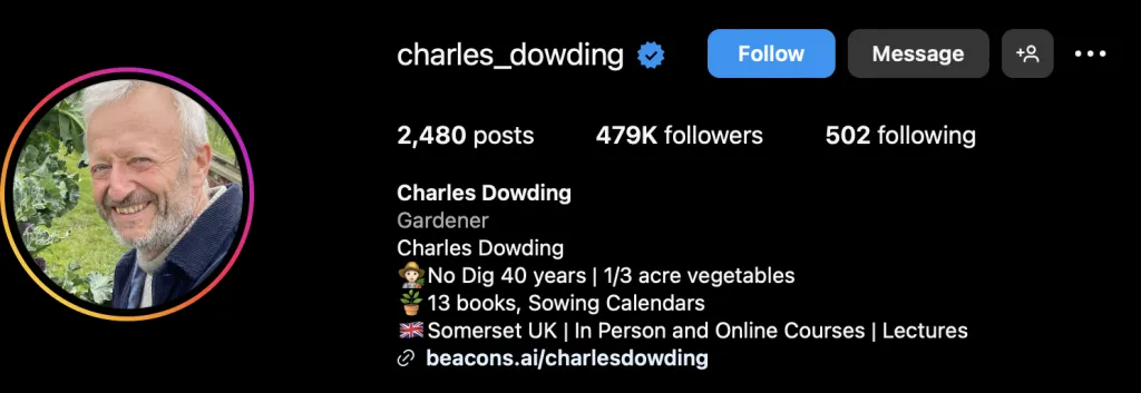 Captura de pantalla del Instagram de Charles Dowding