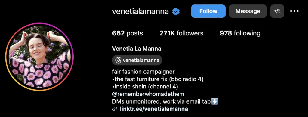 Captura de tela do Instagram de Venetia Falconer