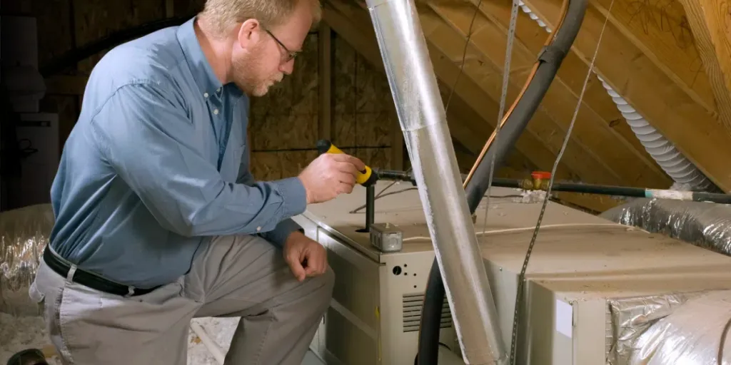 Service Man Inspects Furnace