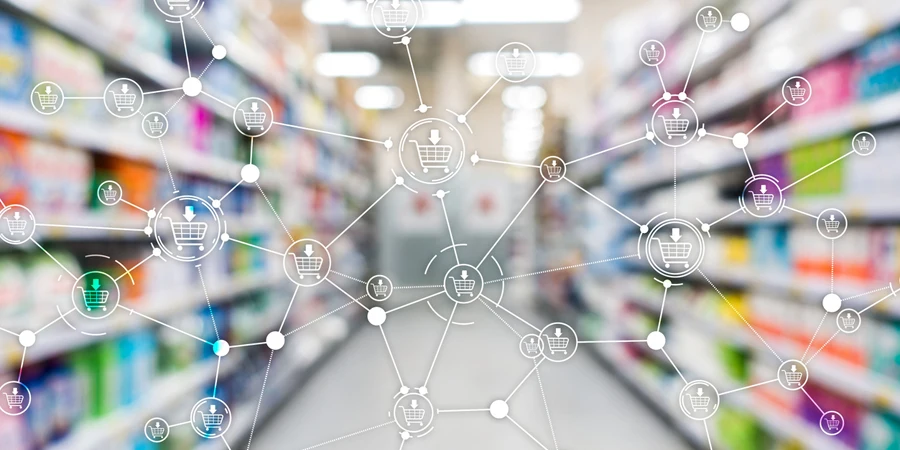 Warenkorb-Struktur Einzelhandelsmarketing E-Commerce unscharfer Supermarkt-Hintergrund