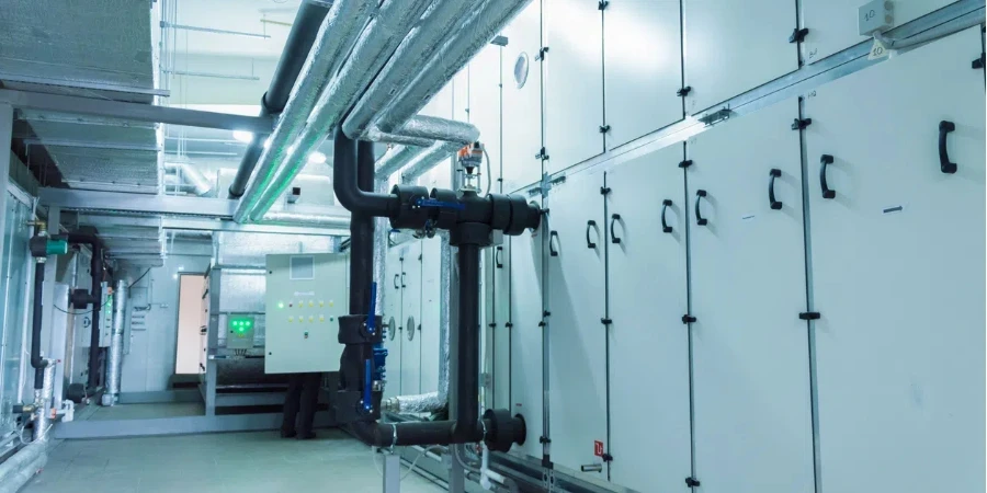 Side view of the huge industrial air handling unit in the ventilation plant room