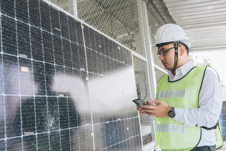 Manutenzione intelligente da parte di un tecnico in una centrale solare che controlla l'installazione di moduli solari fotovoltaici con un laptop e utilizza un walkie-talkie