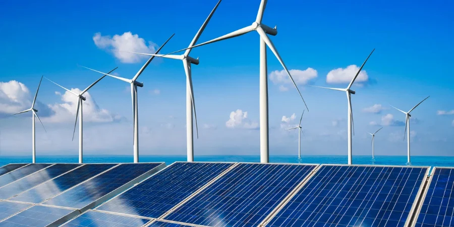 Panel surya dan turbin angin menghasilkan energi bersih