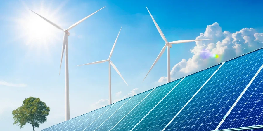 Paneles solares y turbinas eólicas en naturaleza limpia.