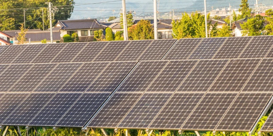 ألواح الطاقة الشمسية، الوحدات الكهروضوئية لابتكار الطاقة الخضراء للحياة مع خلفية السماء الزرقاء