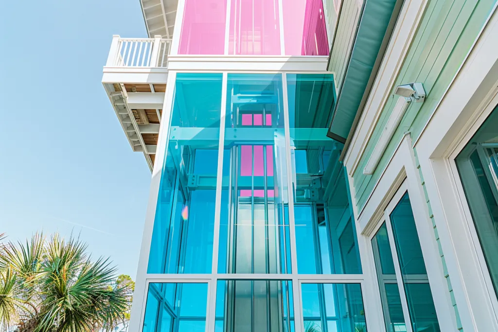 Teal and pink glass outdoor residential home small vertical elevator