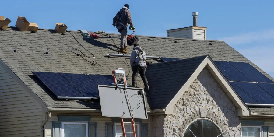 Technician workers installing alternative energy photovoltaic solar panels on house roof