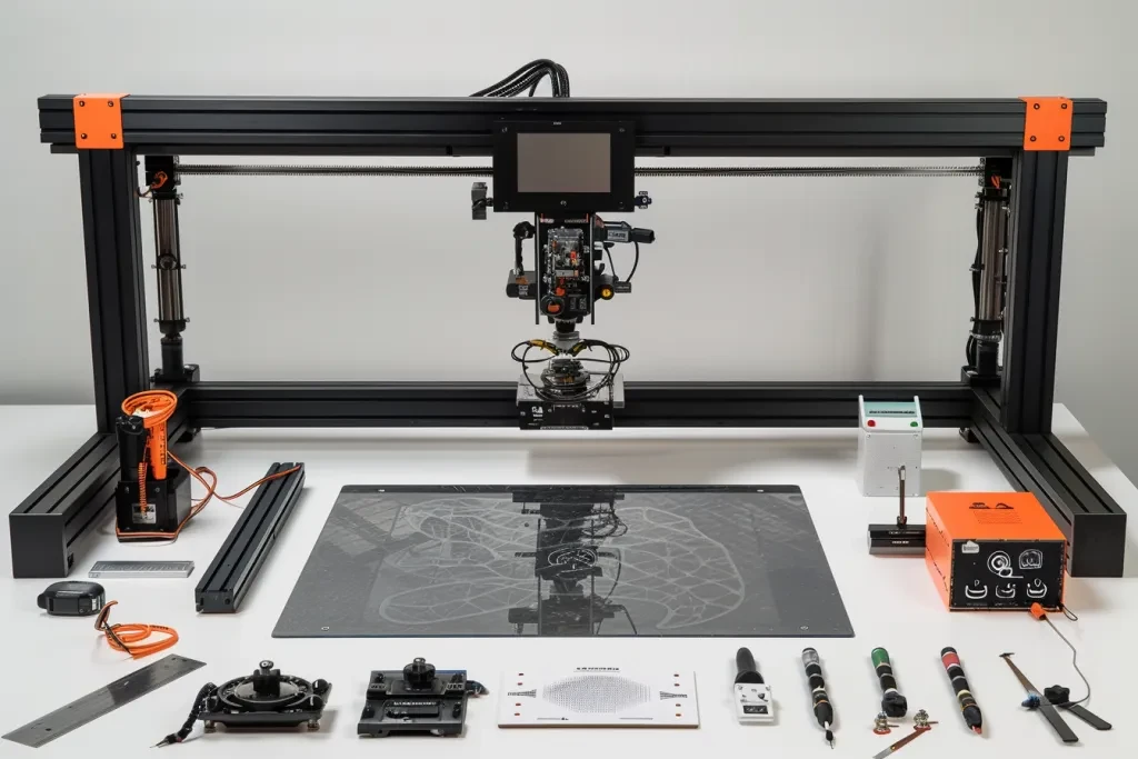 The Eum quarter waist horizontal laser engraving machine is placed on the table, with its main body facing forward and a black acrylic sheet lying flat in front of it