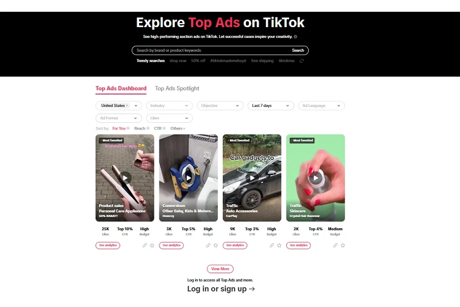 La función Top Ads que muestra todos los anuncios de TikTok con mejor rendimiento