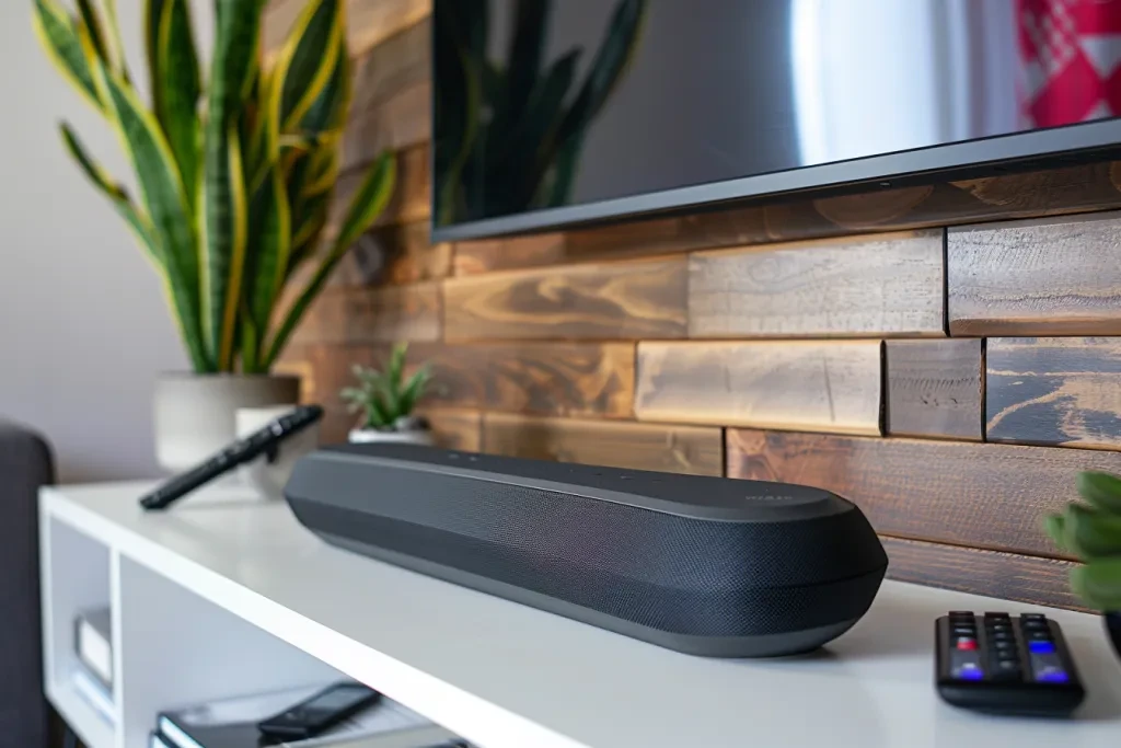 The Whale soundbar is sitting on top of the white shelf