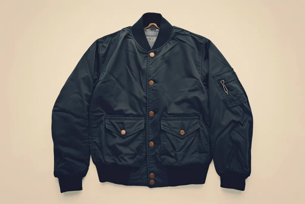 The front of the dark navy bomber jacket