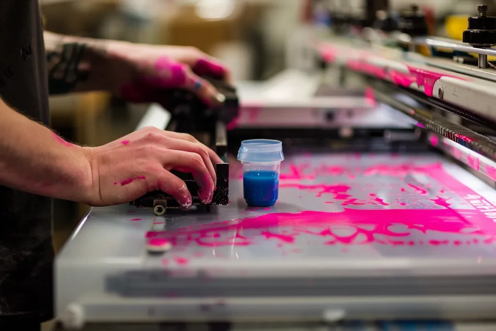 The hand of an artist using the machine to create printed on top