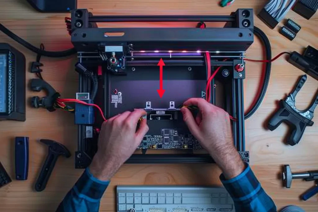 Les mains d'un ingénieur connectant le câble d'alimentation à une imprimante tridimensionnelle de bonne qualité, placée sur une table en bois et entourée de quelques outils