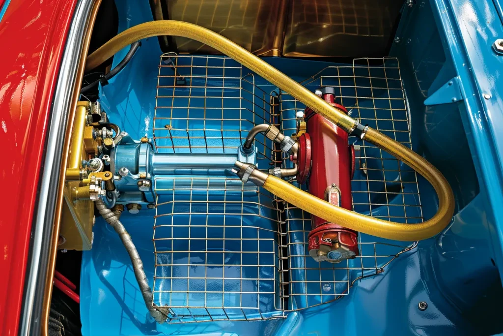 The inside of the blue plastic tank with a metal mesh grid