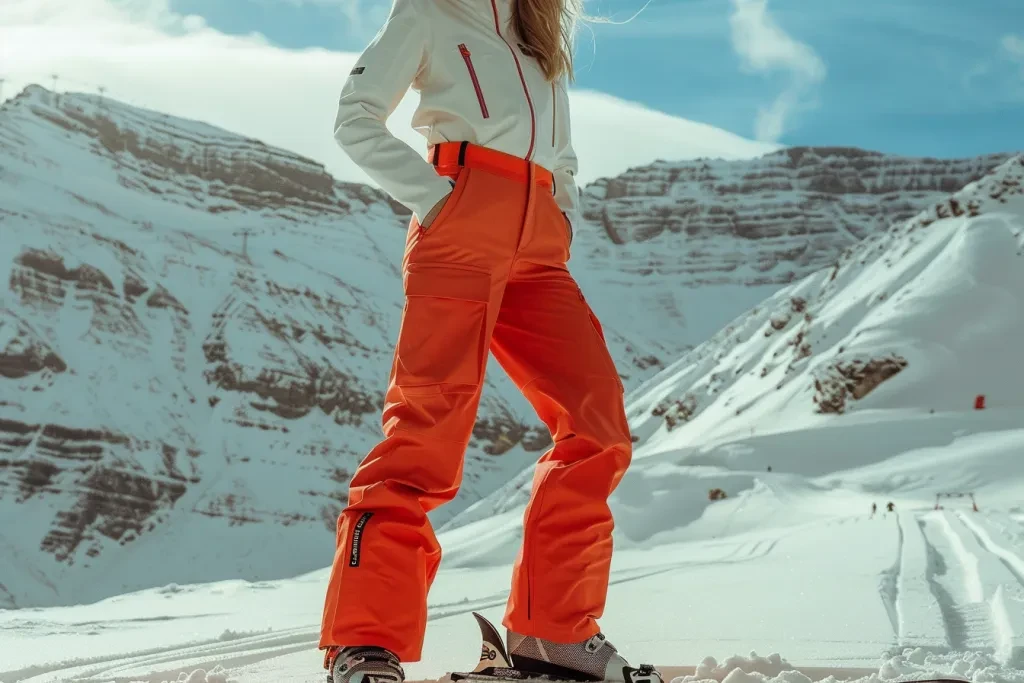 Die orangefarbene Skihose des weiblichen Models