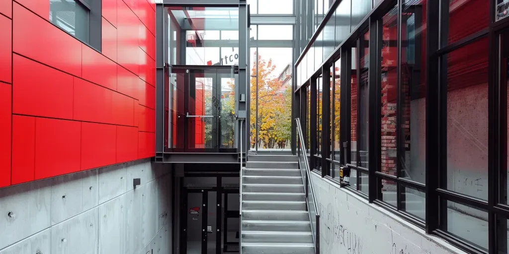 The photo shows an industrial style glass and steel outdoor lift