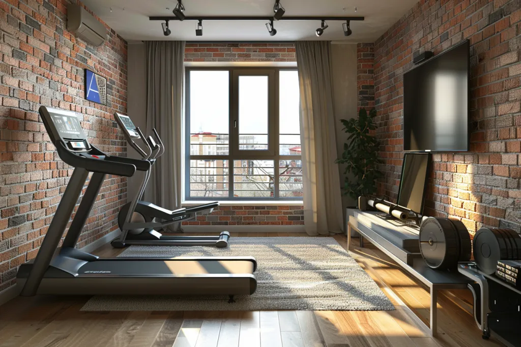 The treadmill is placed against one wall