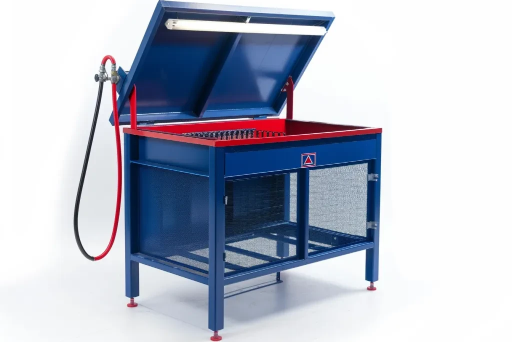 This blue and red metal parts cleaning table has an open lid