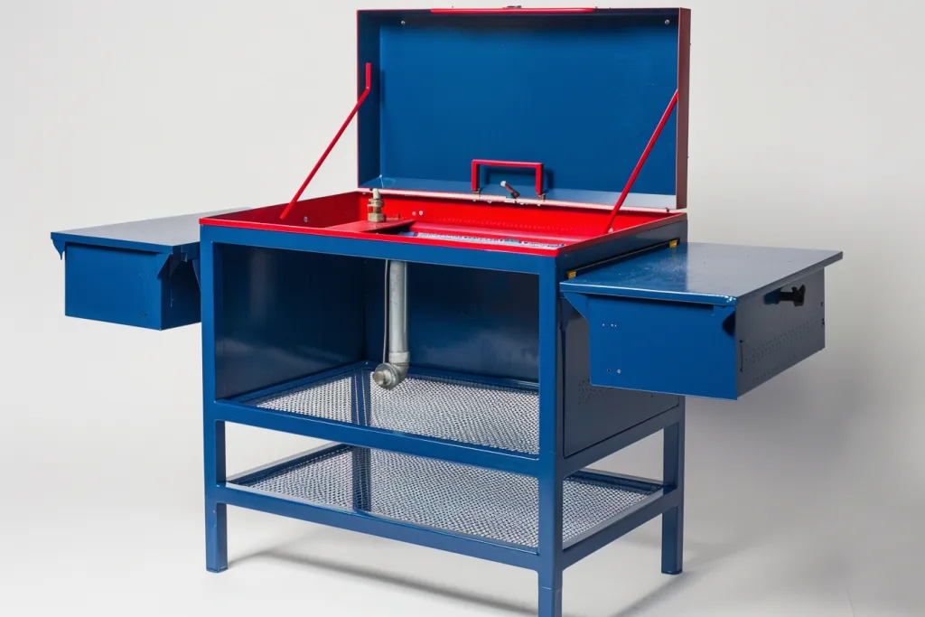 This blue and red metal parts cleaning table has an open lid on the top