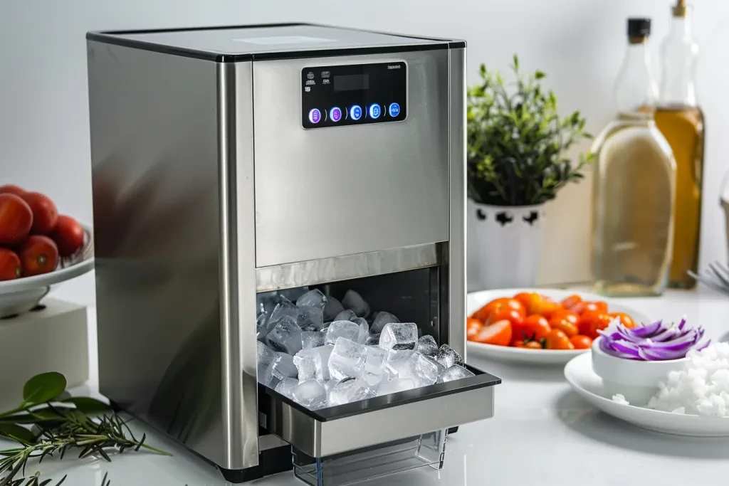 This stainless steel ice maker is designed for home use