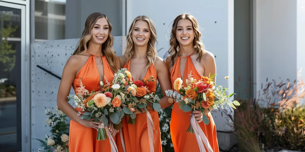 Três mulheres em vestidos longos laranja