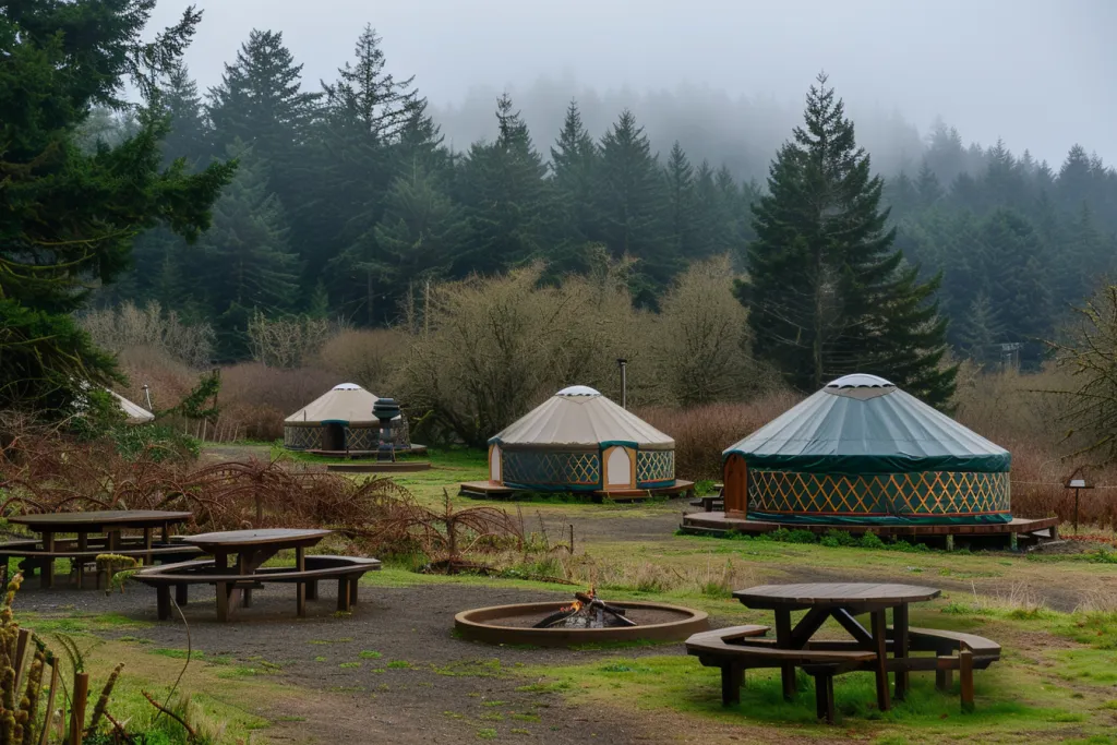 Três yurts com mesas e bancos redondos de madeira