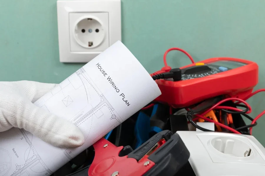 Tools for electrician needs shocket multimeter, voltage testers, wire strippers, pliers