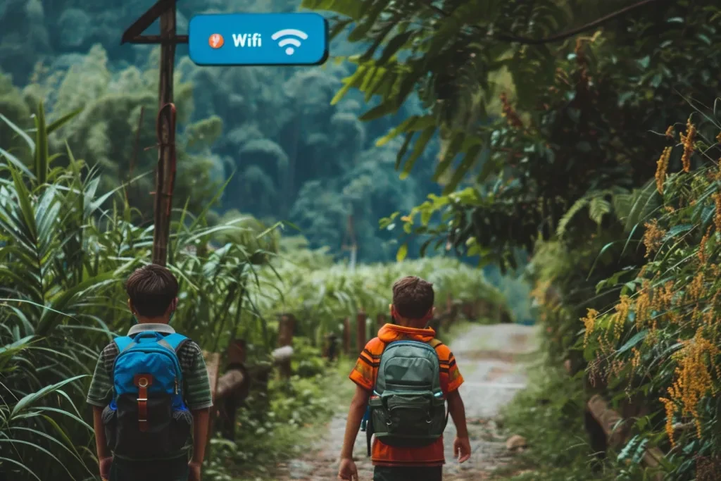 Dois meninos com mochilas caminhando em um caminho