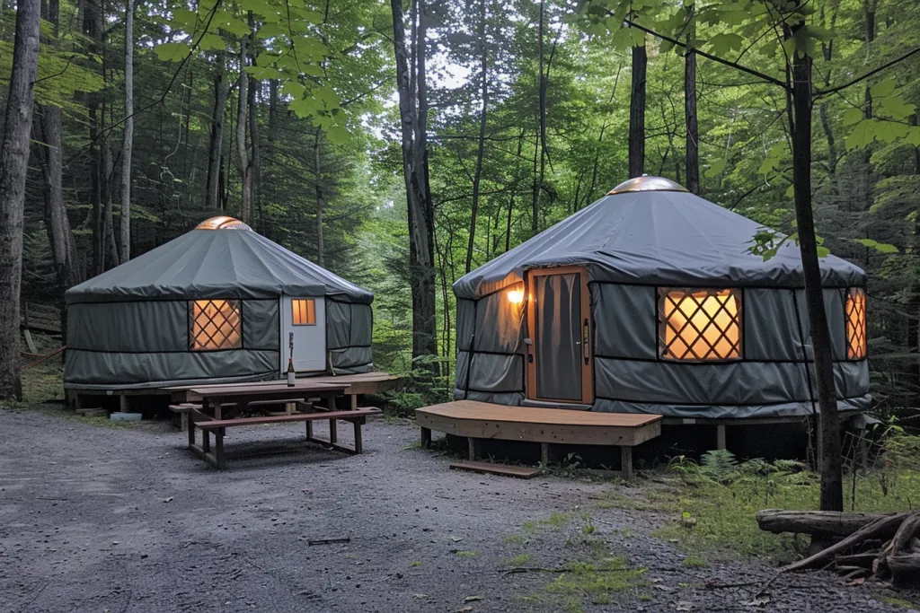 Two gray yurts with dark diamond patterned window coverings in the woods of Appalachia