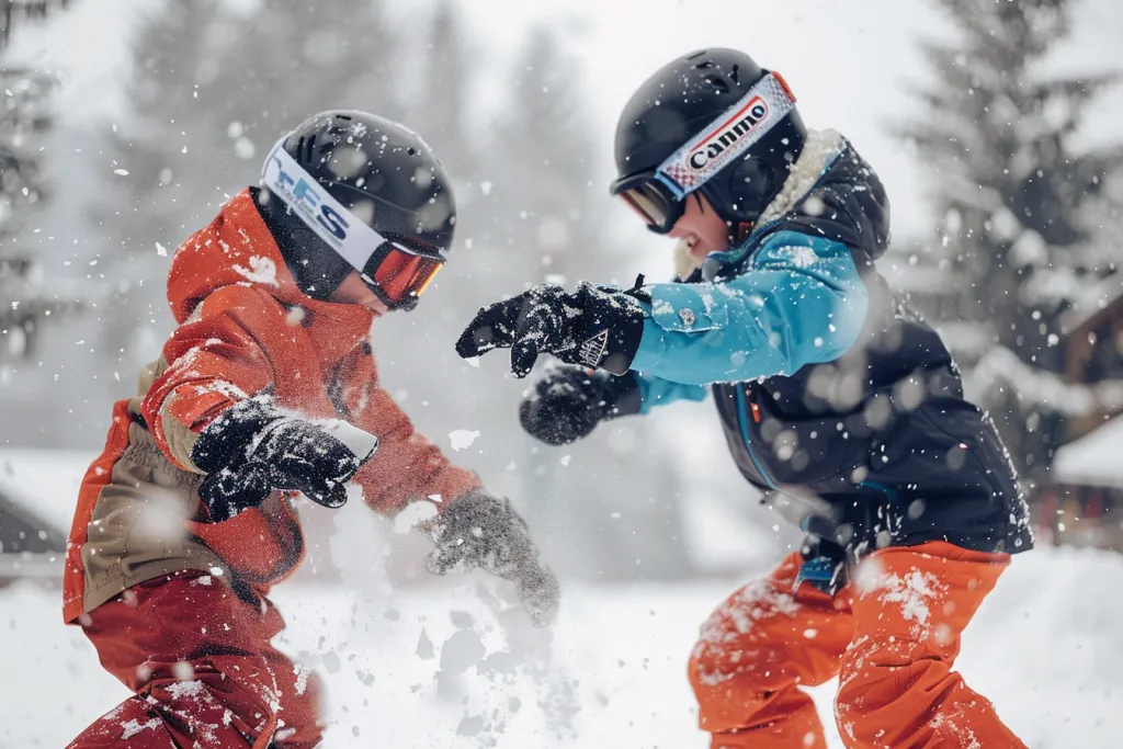 Duas crianças brincam na neve em uma estação de esqui, vestindo jaquetas e calças coloridas