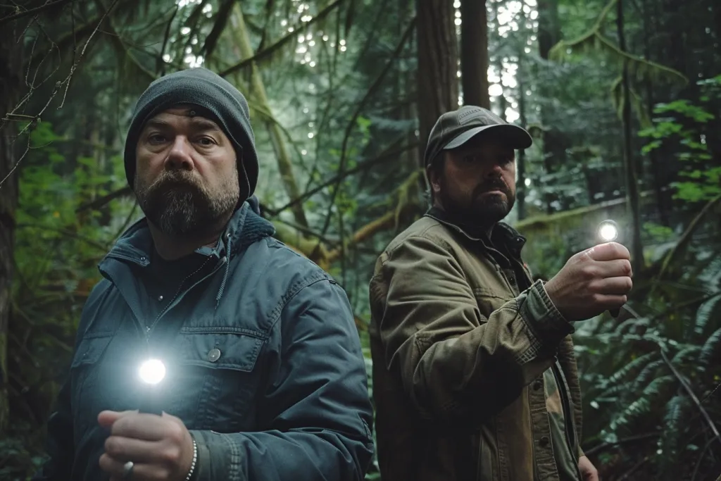 Two men holding flashlights in their hands in a forest setting