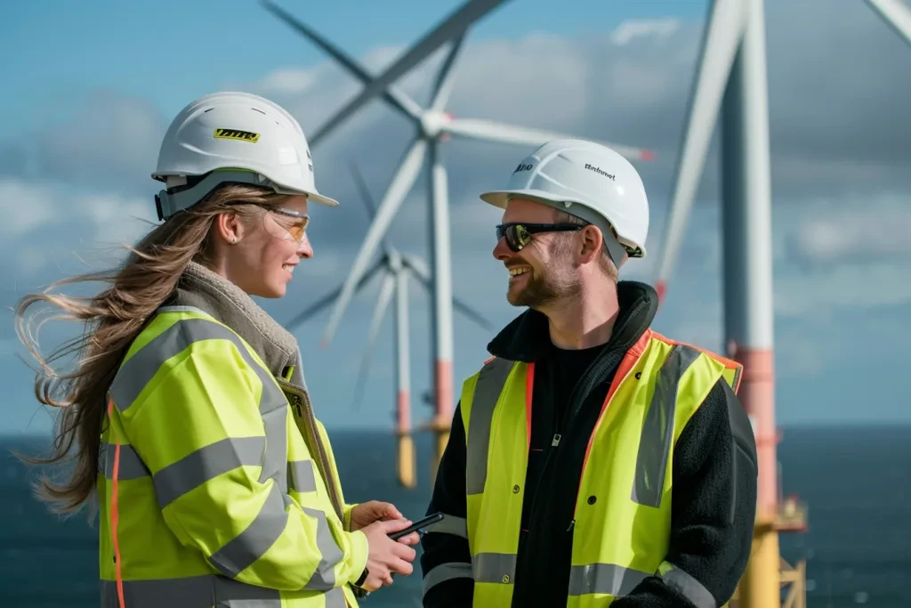 Two people in high visibility safety and white hard hats stand next to wind turbines on the English coast