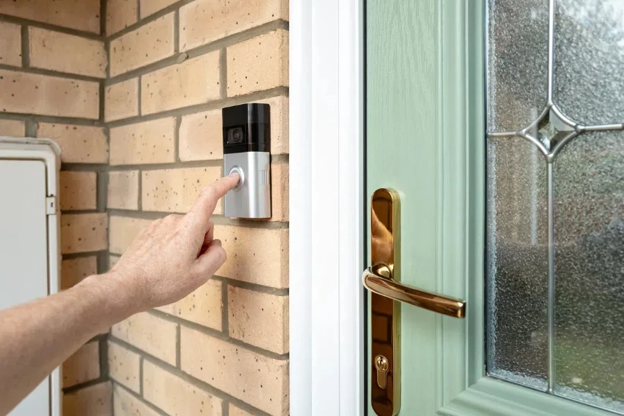 Visitor seen pressing the door bell button