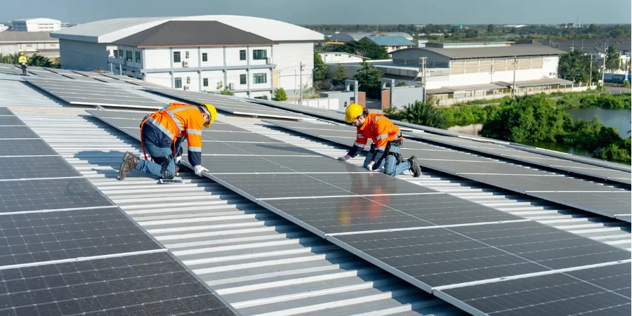 Weite Aufnahme von zwei kaukasischen Technikern bei der Installation von Solarzellenpaneelen auf dem Dach einer Fabrik oder eines Gebäudes