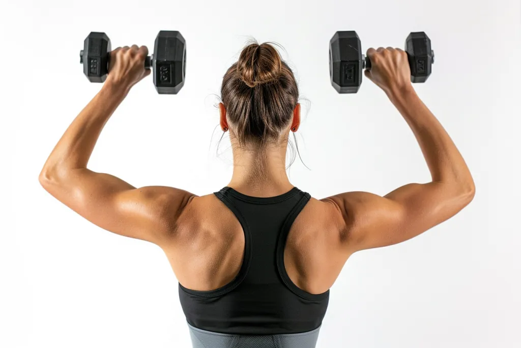 Woman doing dumbbell overhead pulldown