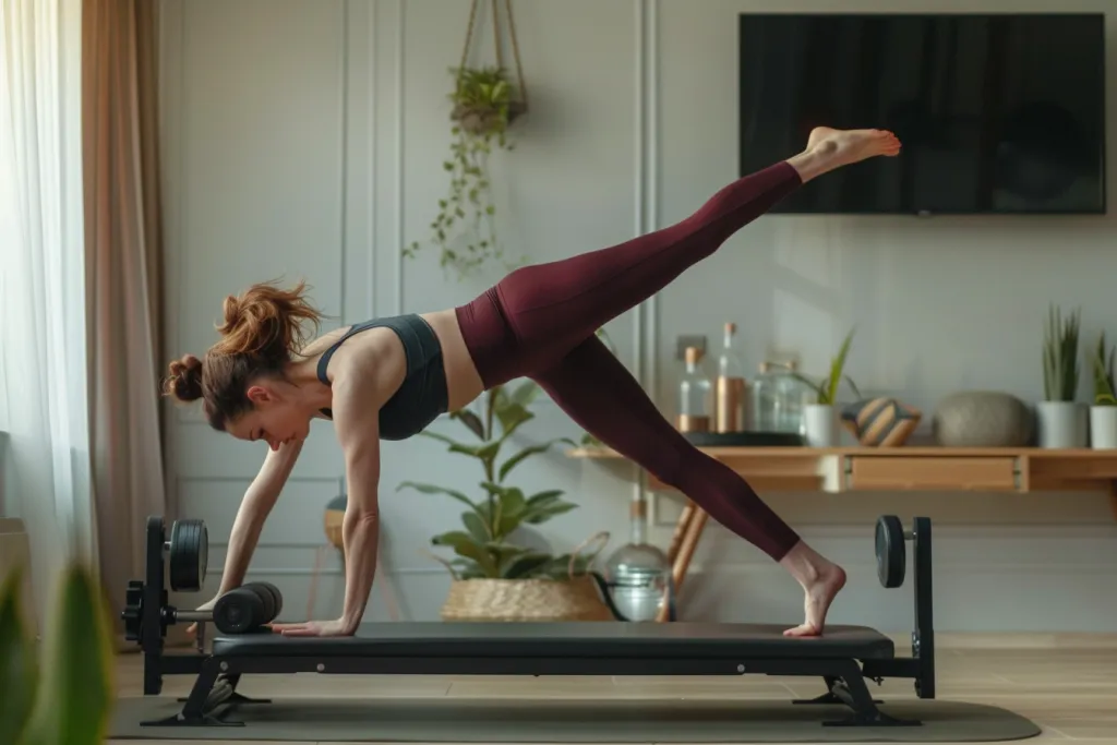 Wanita dengan celana yoga burgundy melakukan lengkungan pinggul kaki pada bentuk bingkai hitam mencakup semua komponen pilates