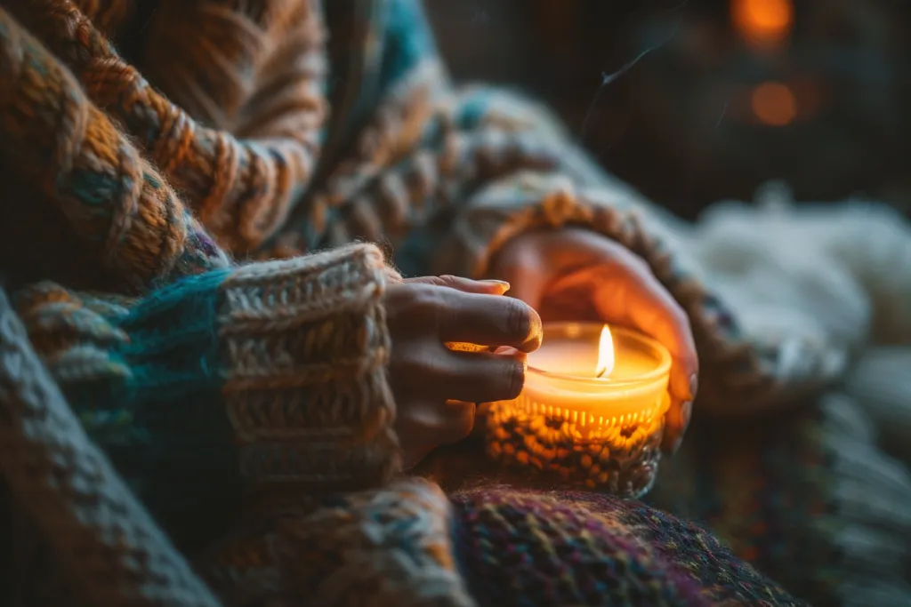 Mulher tricotando um suéter de tricô ao lado de uma vela acesa