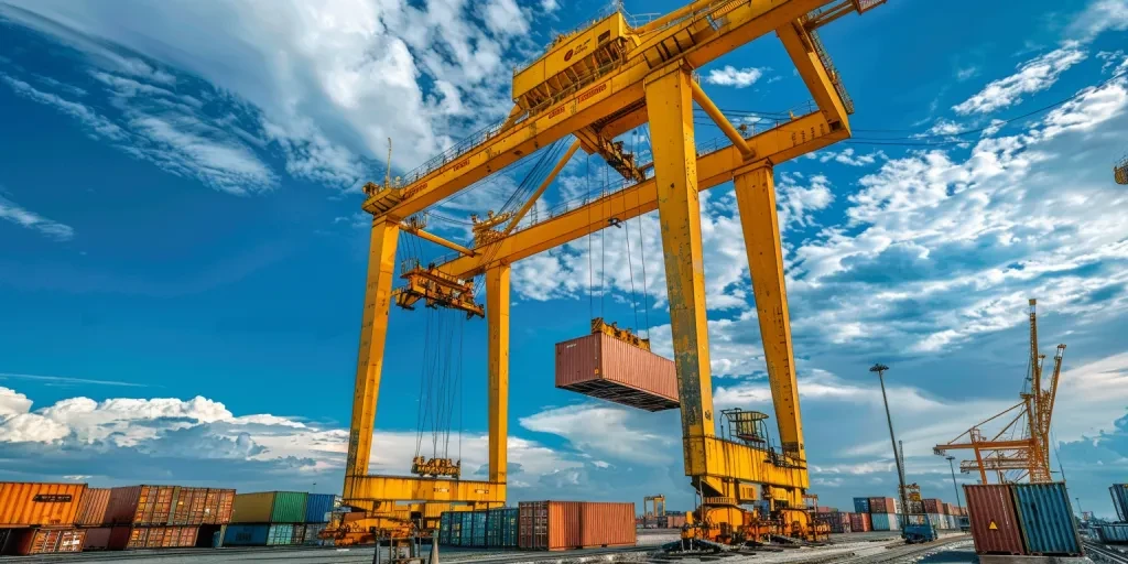 Concours de photos d'une grue à poutre en acier jaune dans un chantier naval en Inde