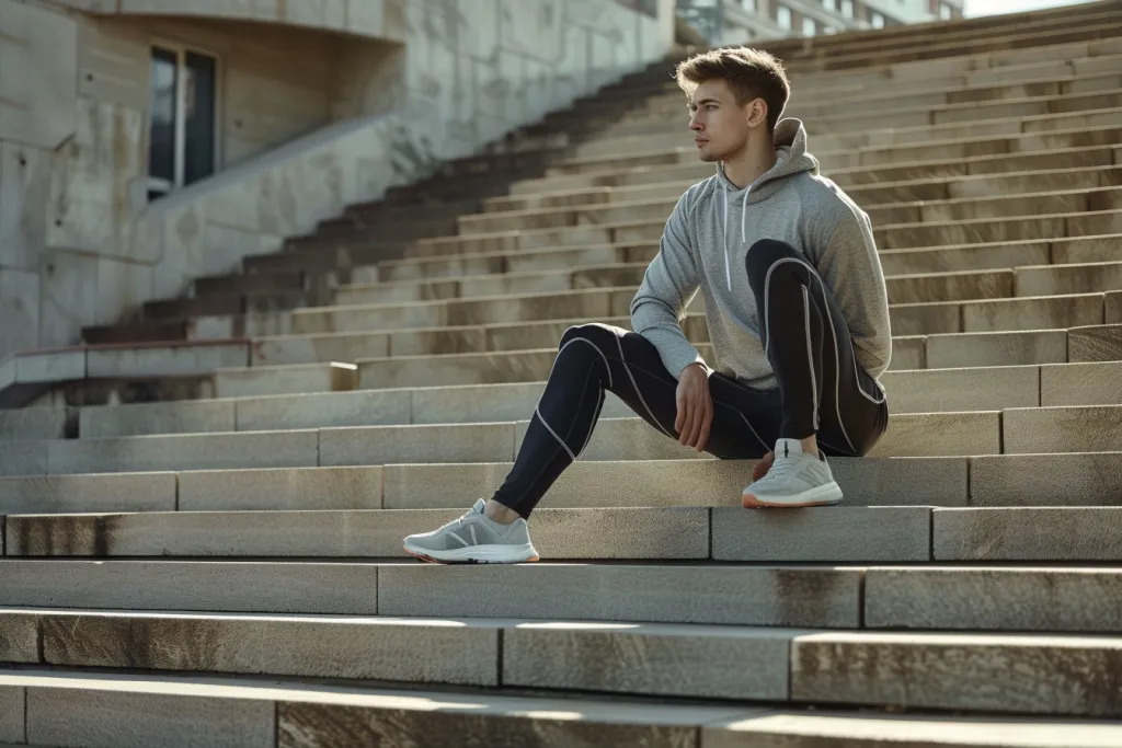 Pemuda dengan pakaian olahraga meregangkan kakinya di tangga beton