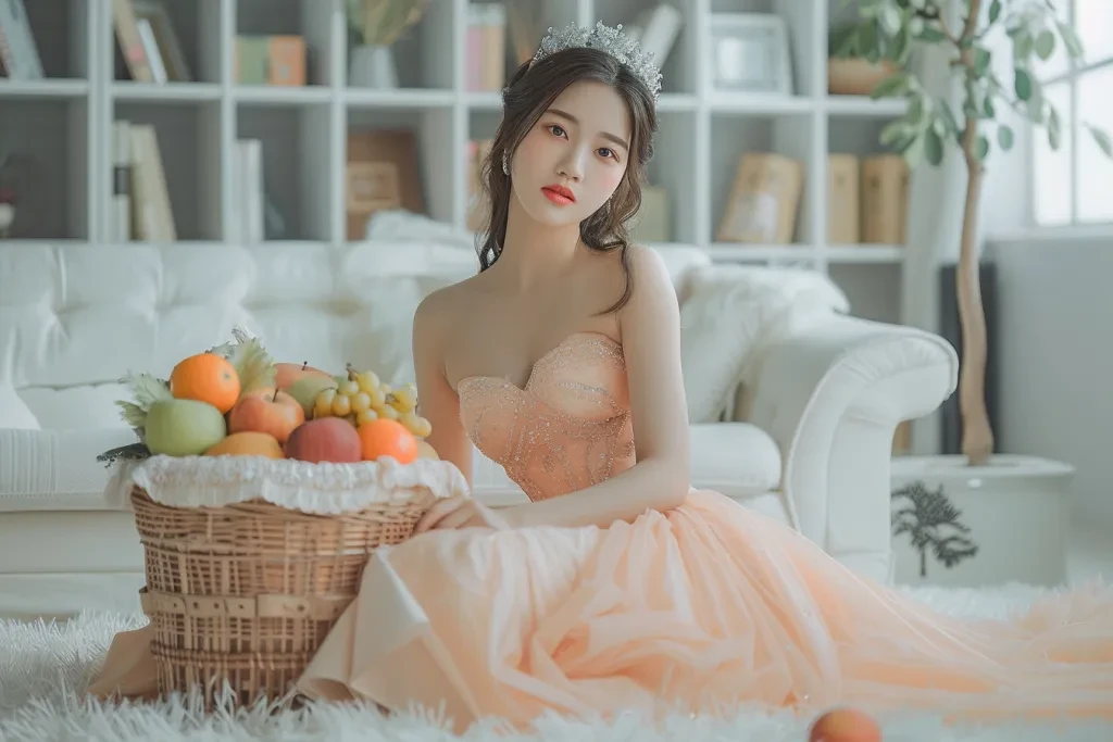 a beautiful Asian woman sitting on a white carpet in a peach dress