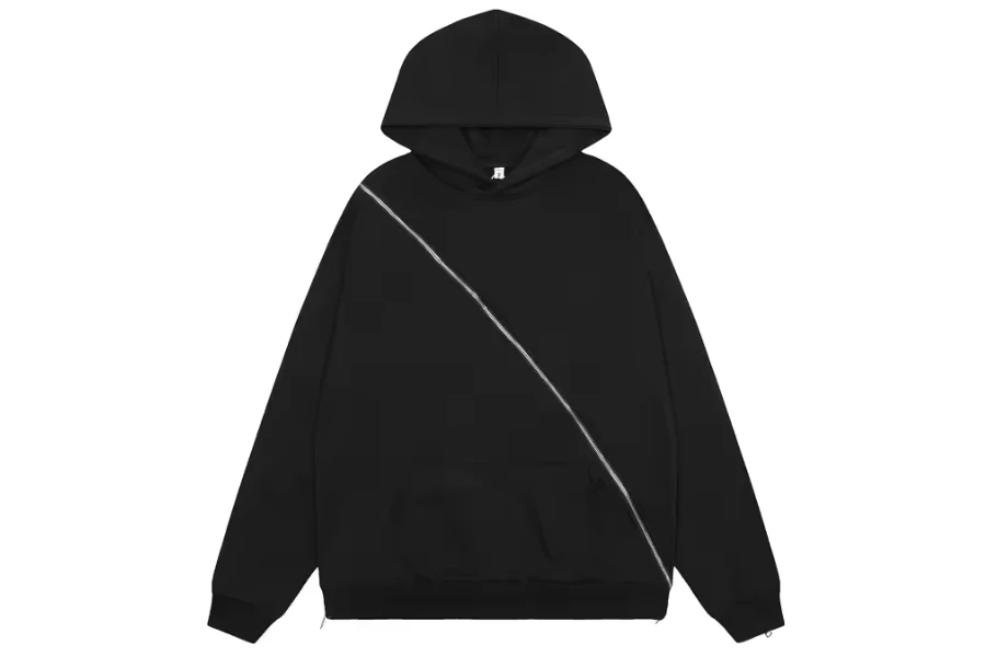 A black hoodie with a long diagonal zipper